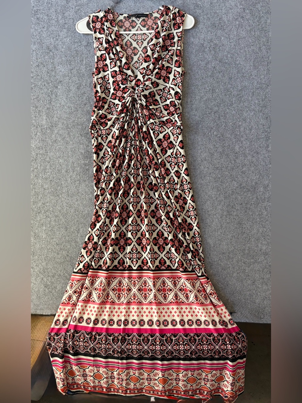 Boho Print Ruched Maxi Dress in Cream and Pink